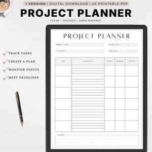 ADHD-Friendly Project Planner | Work Organizer, Status & Task Tracker | Printable Productivity Planner