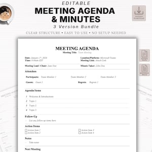 Editable Meeting Agenda & Minutes Template BUNDLE | Professional Business Meeting Notes | Word and Docs Printable