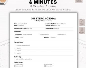 Editable Meeting Agenda & Minutes Template BUNDLE | Professional Business Meeting Notes | Word and Docs Printable