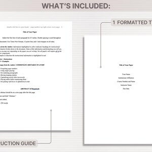 A document template and instruction guide are shown. The left side displays a detailed guide with text, including formatting instructions and common mistakes to avoid. The right side shows a formatted template with fields for title, name, and date.