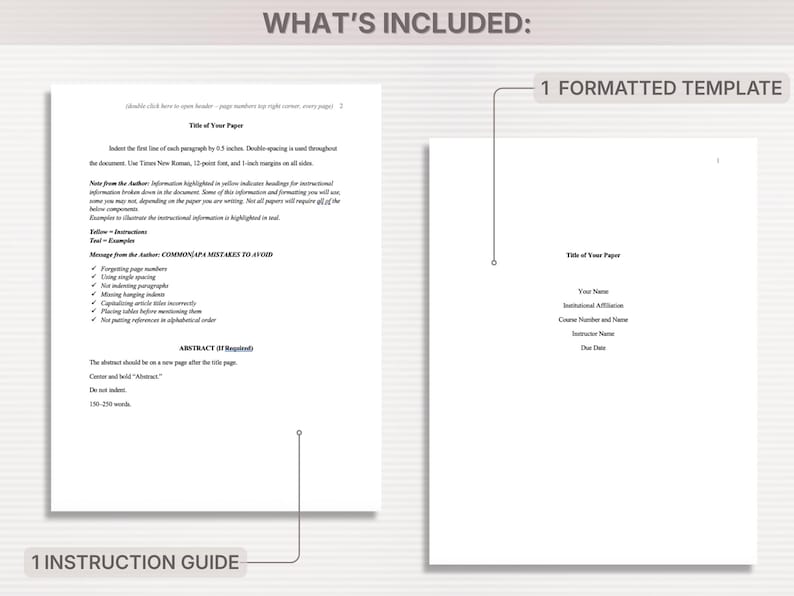 A document template and instruction guide are shown. The left side displays a detailed guide with text, including formatting instructions and common mistakes to avoid. The right side shows a formatted template with fields for title, name, and date.