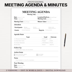 Editable Meeting Agenda & Minutes Template | Professional Business Meeting Notes | Word and Docs Printable