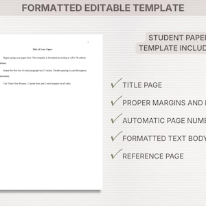 A white document template with the text "Title of Your Paper" and instructions for formatting. The template includes a title page, proper margins, automatic page numbers, a formatted text body, and a reference page.