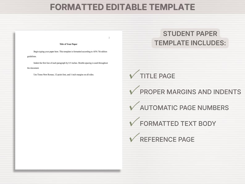 A white document template with the text "Title of Your Paper" and instructions for formatting. The template includes a title page, proper margins, automatic page numbers, a formatted text body, and a reference page.
