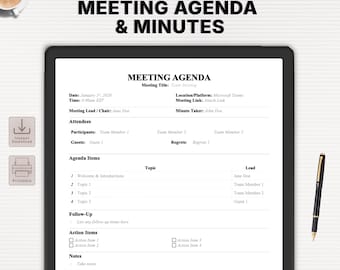 Professional Meeting Agenda & Minutes | Editable Meeting Notes Template | Word, Docs  and Printable PDF