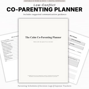 Planificateur de coparentalité à faible conflit | Calendrier parental, journaux des décisions et des incidents, suivi des dépenses | Word + Documents modifiables | Imprimable