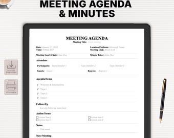Professional Meeting Agenda with Minutes | Editable Meeting Notes Template | Word, Docs and Printable PDF