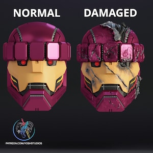 May include: A side-by-side comparison of a helmet in normal and damaged states. The helmet is a dark purple with a yellow faceplate and red accents. The damaged helmet has cracks and missing pieces.