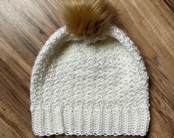 Adult Winter Hat with faux fur detachable pom-pom