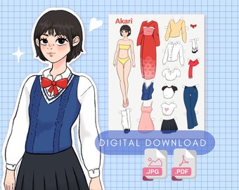Muñeca de papel de anime imprimible: Kimono y uniforme escolar de Akari (descarga digital)