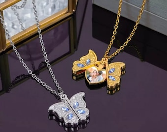 Personalized Butterfly Locket Necklace, Custom Photo Keepsake, Anniversary Gift