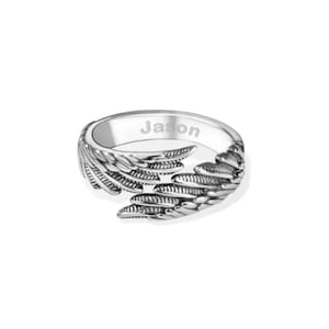 May include: Silver ring with a design of two angel wings. The ring is engraved with the name "Jason".