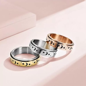 Personalised Anxiety Ring, Custom Name Engraved Fidget Ring, Stainless Steel, Stars & Moon Spinner Ring, Gift For Men/Women, Anxiety Relief