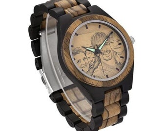 Photo Engraved Ebony Wooden Watch: Personalized Keepsake Gift