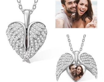 Collana Personalizzata Con Ciondolo Cuore E Ali D'Angelo – Regalo Con Foto Per San Valentino, Festa Mamma, Nascita