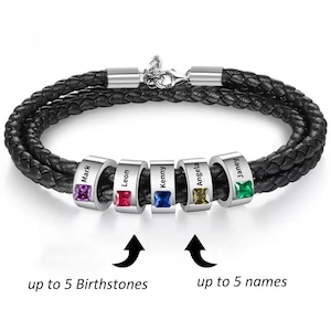 May include: Black leather bracelet with silver beads and colourful birthstones. Each bead is engraved with a name, such as Mark, Leon, Kenny, Angela, and Janey. Up to 5 birthstones and 5 names can be added.