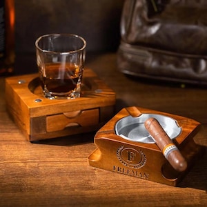 Custom Whiskey & Cigar Tray Glass Holder, 2 in 1 Wooden Cigar Ashtray With Whiskey Glass Holder, Birthday/GroomsmenFather&#39;s Day Gift for Men