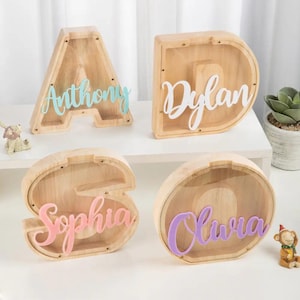 Custom Piggy Bank with Initial & Name, Letter Clear Window Coin Bank, Wooden Letter Money Box, Home Decor, Birthday Gift for Kids/Family