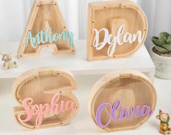 Custom Initial Piggy Bank: Wooden Letter Coin Bank, Kids Decor
