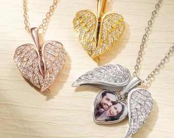 Angel Wing Necklace with Custom Photo, Heart Picture Pendant Necklace, Personalized Angel Wings Memorial Jewelry Gifts for Mom/Grandma/Her