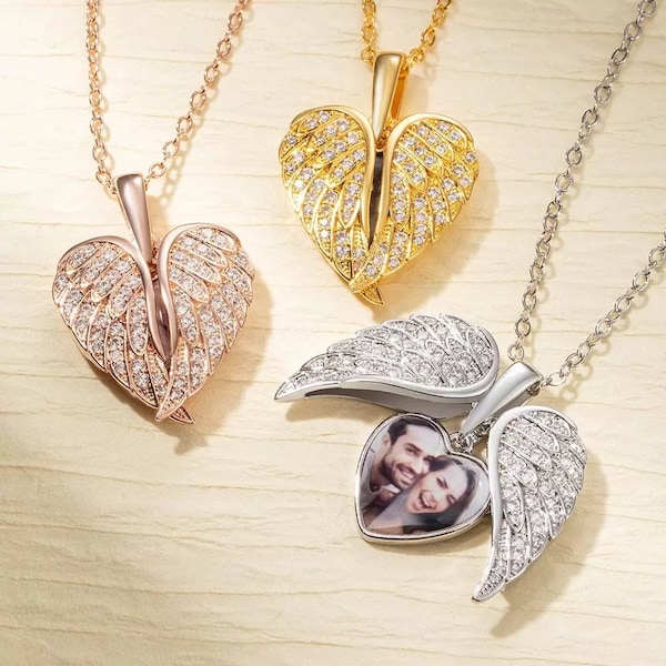 Engelsflügel Halskette mit individuellem Foto, Herz Bild Anhänger Halskette, personalisierte Engelsflügel Denim Schmuck Geschenke für Mama/Oma/Sie