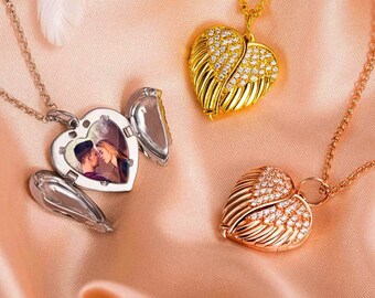 Angel Wing Necklace with Custom Photo, Heart Picture Pendant Necklace, Personalized Angel Wings Memorial Jewelry Gifts for Mom/Grandma/Her