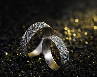 Sun & Moon Sterling Silver 925 Promise Rings: Couple Matching Set