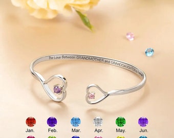 Custom Double Birthstone Heart Bracelet, Love Heart Bangle, Unique Christmas Gift for Grandma & Granddaughter, Mother Daughter Jewelry Gifts