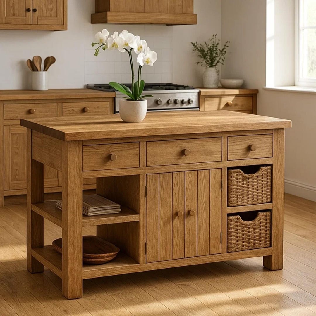 Handcrafted Solid Wood Kitchen Island: Storage Drawers & Baskets - Etsy UK