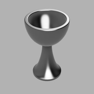 Może przedstawiać: Srebrny kielich z okrągłą czaszą i trzonkiem. Kielich jest wykonany z metalu i ma gładkie, polerowane wykończenie.