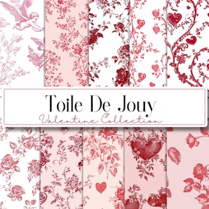 May include: A set of 10 digital paper patterns featuring a toile de jouy design with red hearts and floral motifs on a white background. The text "Toile De Jouy Valentine Collection" is displayed in the centre of the image.