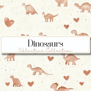 以下が含まれることがあります： クリーム色の背景に、茶色と桃色の水彩画風の恐竜とハートの形が繰り返されるパターン。テキスト「Dinosaurs Valentine Collection」が長方形のバナーで表示されています。