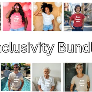 May include: A collection of diverse people wearing plain t-shirts with the text "Your Image Here" printed on them. The image is a mockup for a t-shirt design.