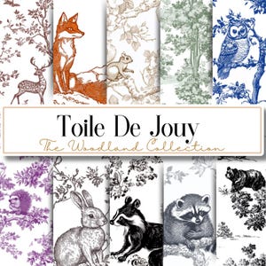 May include: A set of 10 digital papers featuring a toile de jouy design with woodland animals. The designs include a fox, deer, squirrel, owl, rabbit, raccoon, hedgehog, and bear. The papers are in black and white, blue and white, and brown and white.