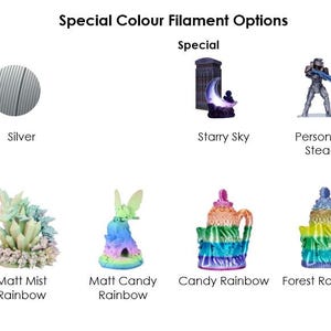 May include: Image showcasing special color filament options, including metallic gold and silver, and rainbow colors. The image features various 3D-printed figurines and objects, such as a starry sky scene, a soldier, and colorful decorative pieces.