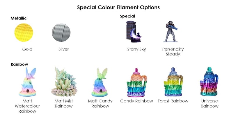 May include: Image showcasing special color filament options, including metallic gold and silver, and rainbow colors. The image features various 3D-printed figurines and objects, such as a starry sky scene, a soldier, and colorful decorative pieces.