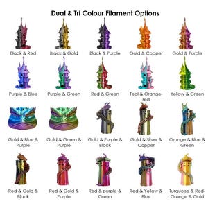 May include: A variety of 3D-printed fantasy castle and dragon designs in various color combinations, including blue and green, black and red, and gold and copper. The image showcases the "Dual & Tri Colour Filament Options".
