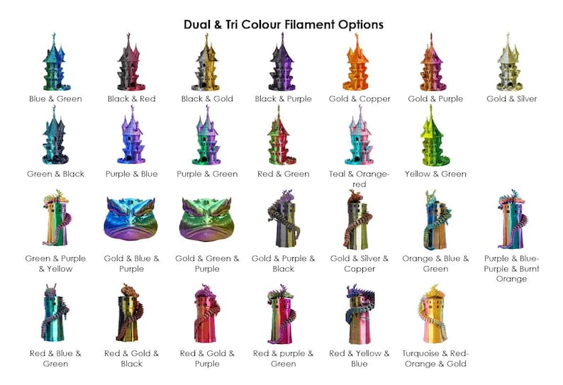 May include: A variety of 3D-printed fantasy castle and dragon designs in various color combinations, including blue and green, black and red, and gold and copper. The image showcases the "Dual & Tri Colour Filament Options".