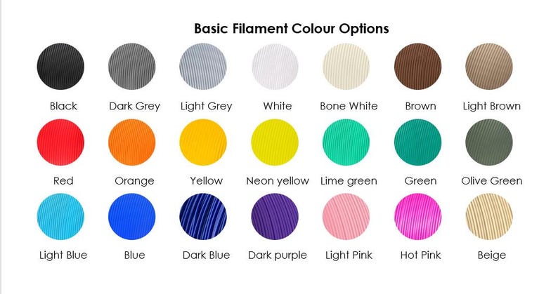 May include: A color chart displaying "Basic Filament Colour Options". The chart features a variety of colors, including black, grey, red, orange, yellow, green, blue, purple, pink, and beige. Each color is represented by a circle with the color name below.