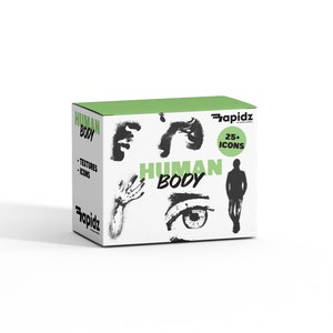 May include: A white box with a green top and the words "HUMAN BODY" in green and black. The box features black illustrations of body parts and the text "25+ ICONS". The brand name "rapidz" is also visible.