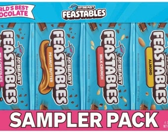 Feastables Mr Beast Chocolate Bar Sampler Variety Pack, 60 g pro Riegel, 4 Riegel in einer Packung