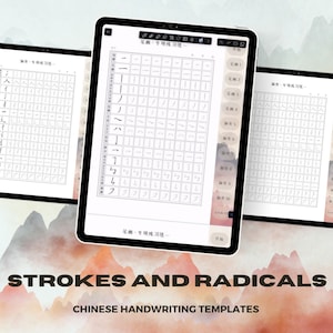 Quaderno con modelli di scrittura cinese: tratti principali e radicali / Impara con la guida tramite collegamenti ipertestuali / Formato A4 e lettera USA stampabile