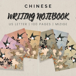 May include: A stack of Chinese writing notebooks with a floral and bird design. The cover of each notebook is a different color, including pink, orange, and blue. The text on the cover reads "Chinese Writing Notebook" and "US Letter | 100 Pages | Mizige".