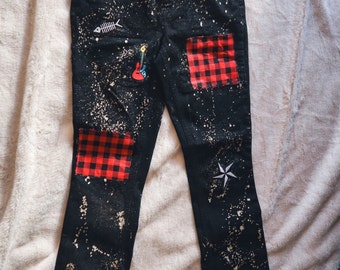 Grunge Black Cargo Pants with Patches Bleached Pants Punk Patches Handmade Pants with Studs Dark Fashion Goth Style Punk Pants