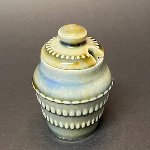 Può includere: Una zuccheriera in ceramica con coperchio e una piccola tacca per cucchiaio. La ciotola è verde e blu tenui con un motivo strutturato e puntinato attorno alla base. Il coperchio ha un piccolo pomello e un design puntinato simile.
