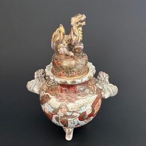 Antique Satsuma Koro: Japanese Incense Burner, Foo Dog Lid, Meiji Period