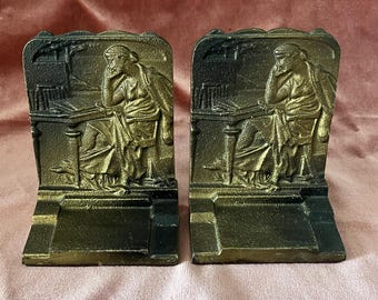 Bronzene Buchstützen „Lesende Frau“ aus den 1920er Jahren | Literarisches Art-déco-Dekor | Gestempeltes antikes Skulpturenset „Wissen“