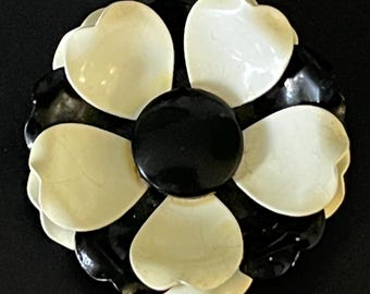 1960s West Germany Enamel Flower Brooch | Black White Triple Floral Mid Century Pin