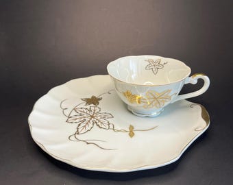 Vintage Cup & Saucer/Cookie Plate China Porcelain Japan Gold Ivory Grape Leaf