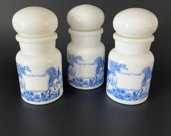 Set of 3 Vintage Belgian Milk Glass Apothecary Spice Jars – White Glass Kitchen Canisters Pharmaceutical Storage Containers